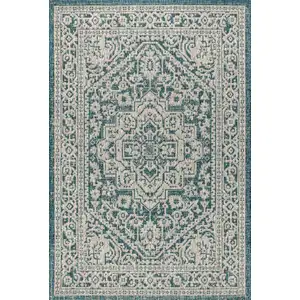 Photo of Teal Blue And Gray Medallion Indoor Outdoor Area Rug