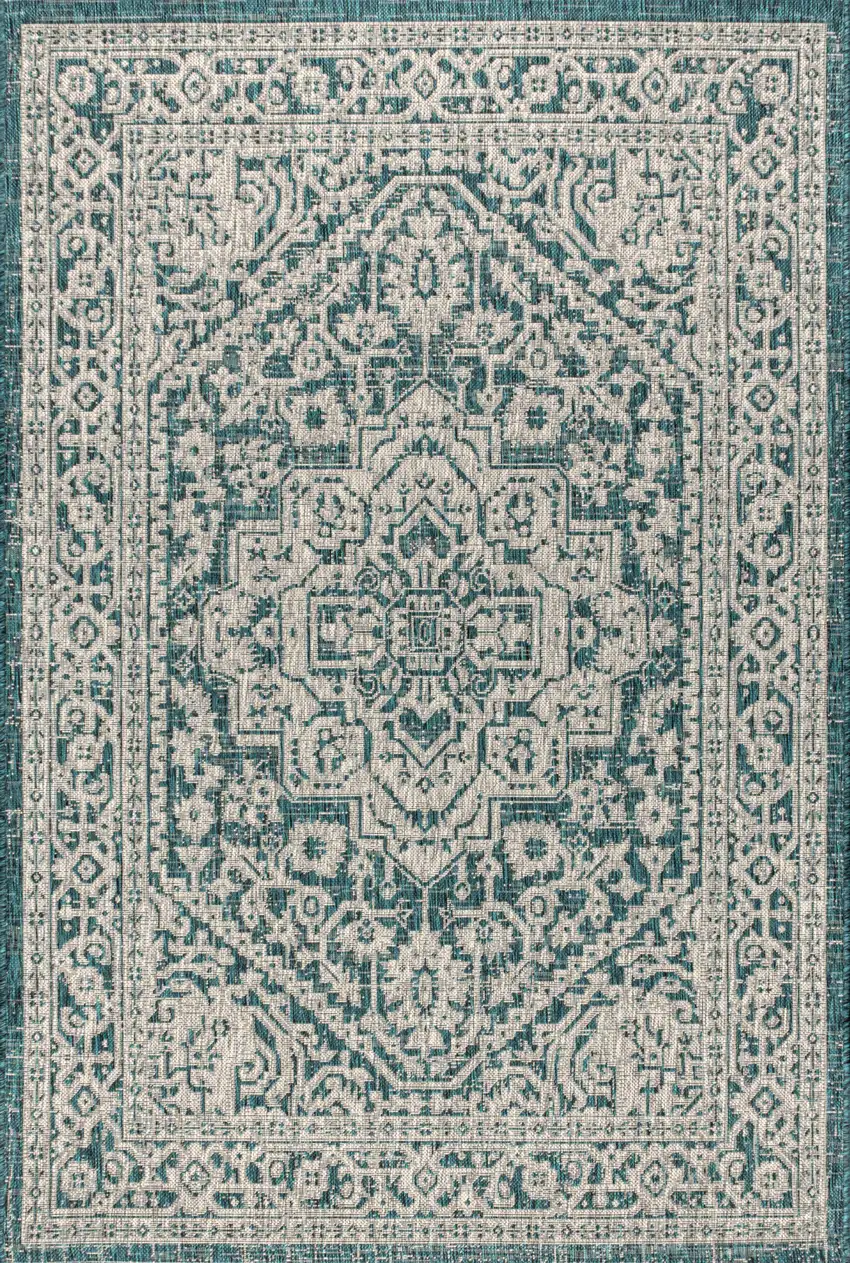 Teal Blue And Gray Medallion Indoor Outdoor Area Rug Photo 1