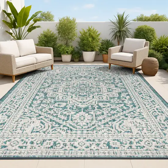 Teal Blue And Gray Medallion Indoor Outdoor Area Rug Photo 4