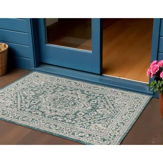 Teal Blue And Gray Medallion Indoor Outdoor Area Rug Photo 1