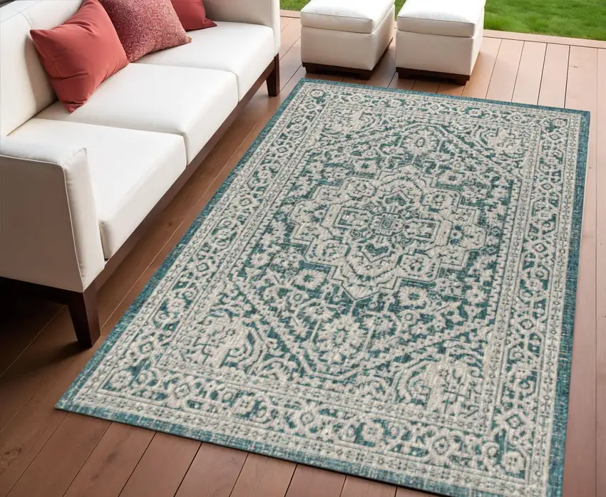 Teal Blue And Gray Medallion Indoor Outdoor Area Rug Photo 1
