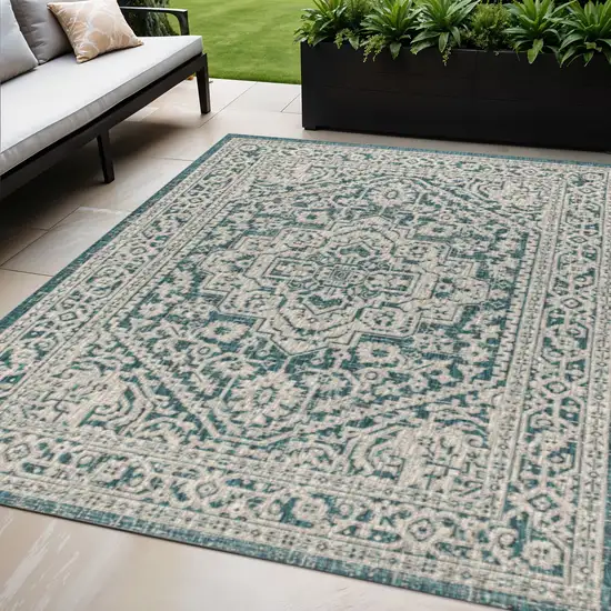 Teal Blue And Gray Medallion Indoor Outdoor Area Rug Photo 1