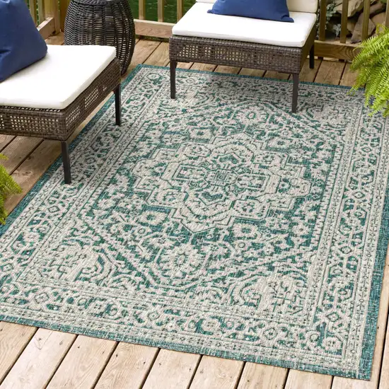 Teal Blue And Gray Medallion Indoor Outdoor Area Rug Photo 9