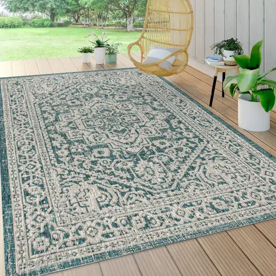 Teal Blue And Gray Medallion Indoor Outdoor Area Rug Photo 8