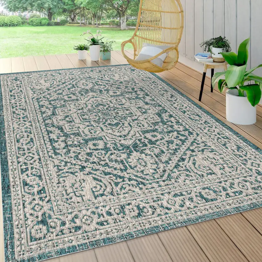 Teal Blue And Gray Medallion Indoor Outdoor Area Rug Photo 8