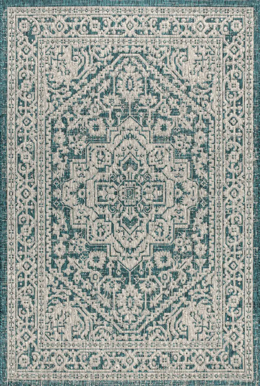 Teal Blue And Gray Medallion Indoor Outdoor Area Rug Photo 3