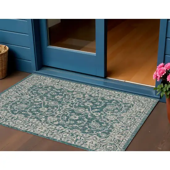 Teal Blue And Gray Medallion Indoor Outdoor Area Rug Photo 1