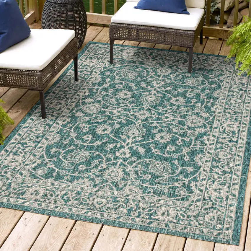 Teal Blue And Gray Medallion Indoor Outdoor Area Rug Photo 9
