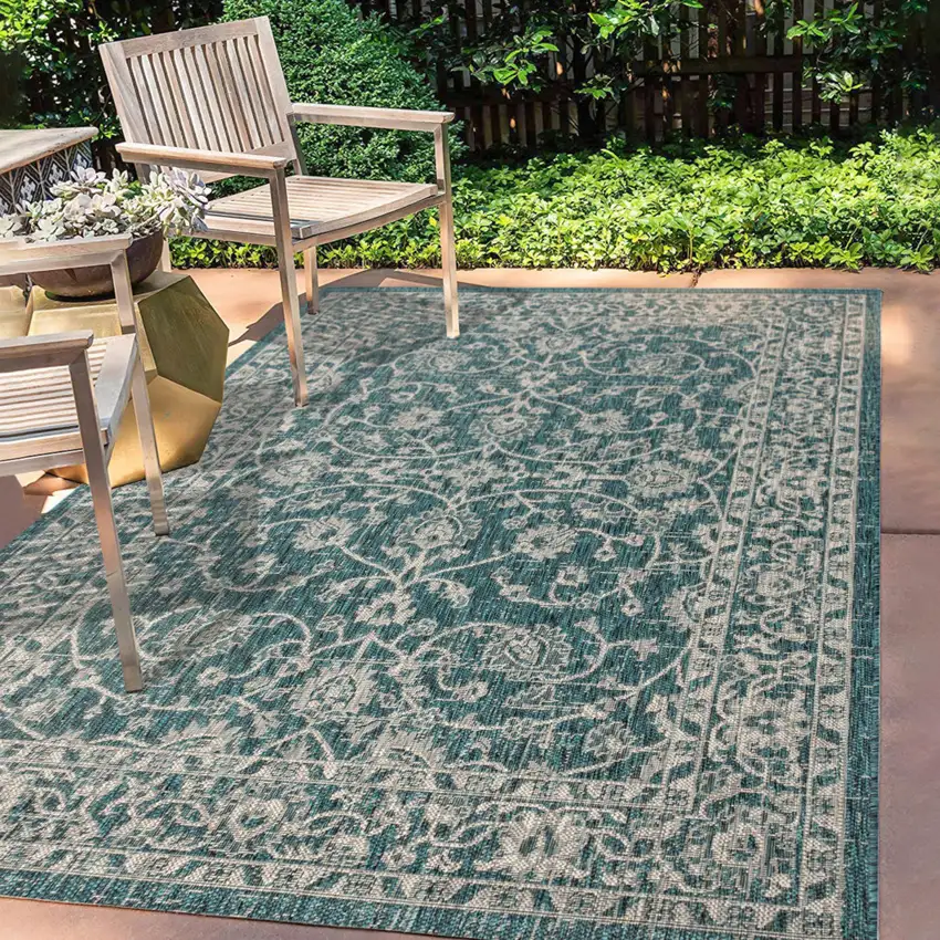 Teal Blue And Gray Medallion Indoor Outdoor Area Rug Photo 8