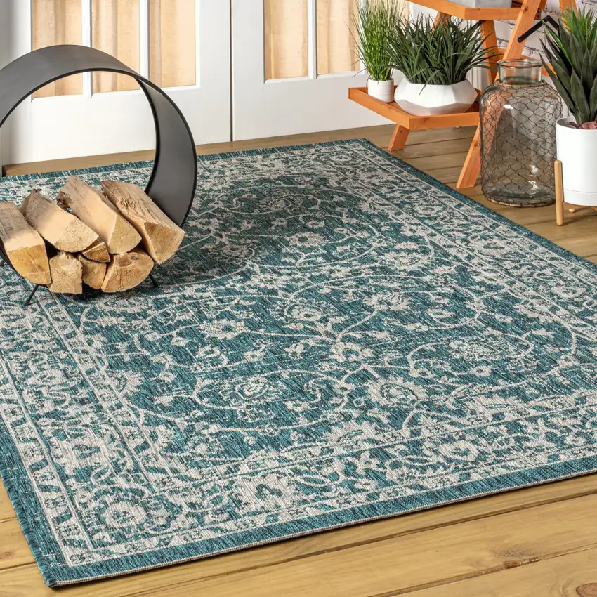 Teal Blue And Gray Medallion Indoor Outdoor Area Rug Photo 5