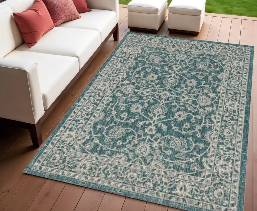 Teal Blue And Gray Medallion Indoor Outdoor Area Rug Photo 1