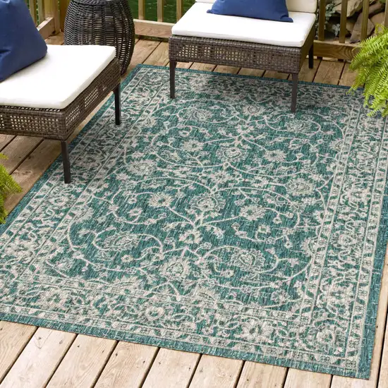 Teal Blue And Gray Medallion Indoor Outdoor Area Rug Photo 9
