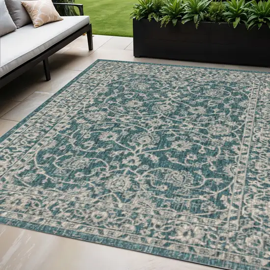 Teal Blue And Gray Medallion Indoor Outdoor Area Rug Photo 1