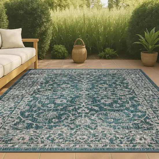Teal Blue And Gray Medallion Indoor Outdoor Area Rug Photo 4