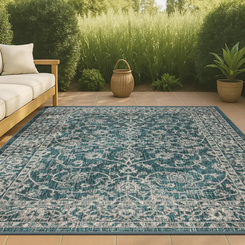Teal Blue And Gray Medallion Indoor Outdoor Area Rug Photo 4