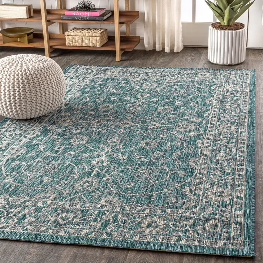 Teal Blue And Gray Medallion Indoor Outdoor Area Rug Photo 6