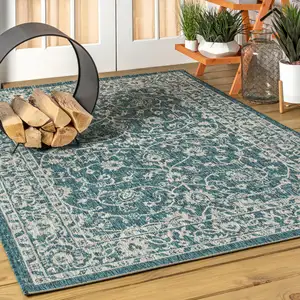 Photo of Teal Blue And Gray Medallion Indoor Outdoor Area Rug
