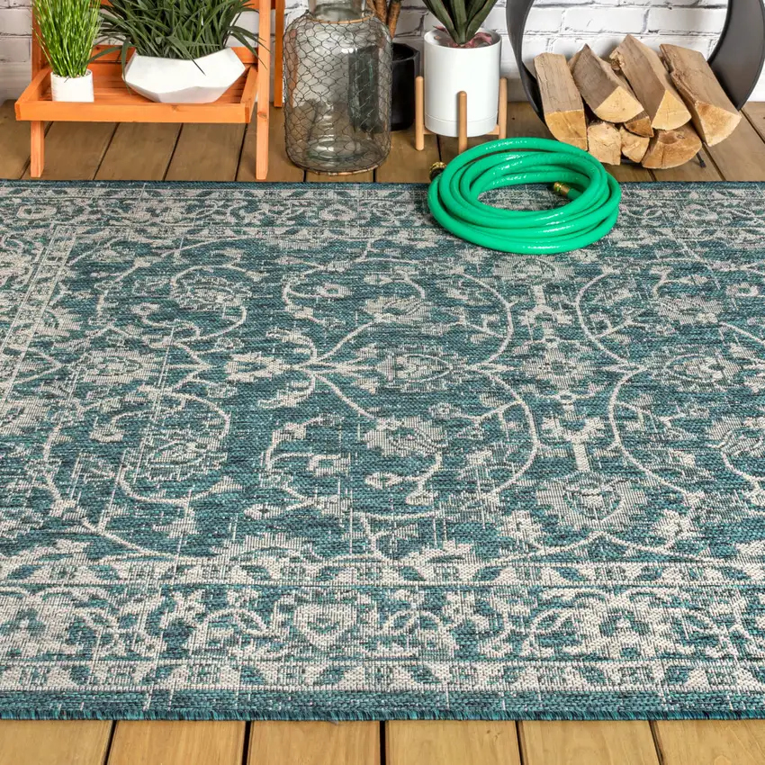 Teal Blue And Gray Medallion Indoor Outdoor Area Rug Photo 7