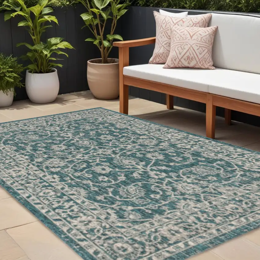 Teal Blue And Gray Medallion Indoor Outdoor Area Rug Photo 1