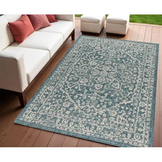 Teal Blue And Gray Medallion Indoor Outdoor Area Rug Photo 1