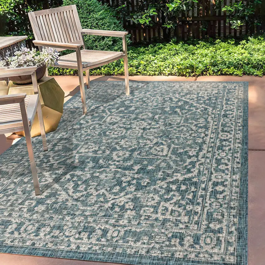 Teal Blue And Gray Medallion Indoor Outdoor Area Rug Photo 8