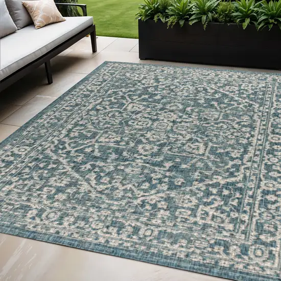 Teal Blue And Gray Medallion Indoor Outdoor Area Rug Photo 1