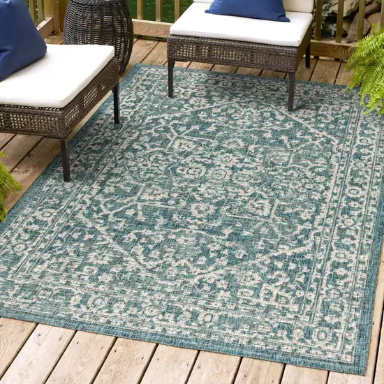 Teal Blue And Gray Medallion Indoor Outdoor Area Rug Photo 9