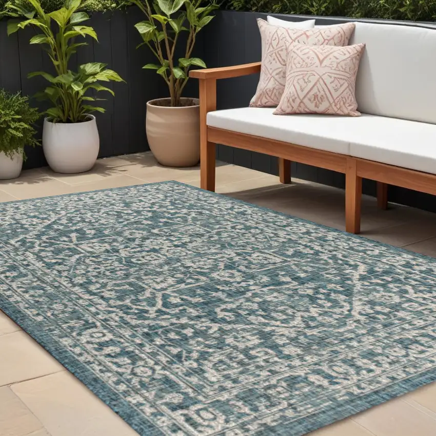 Teal Blue And Gray Medallion Indoor Outdoor Area Rug Photo 1