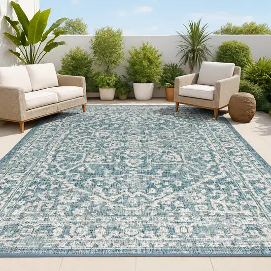 Teal Blue And Gray Medallion Indoor Outdoor Area Rug Photo 4