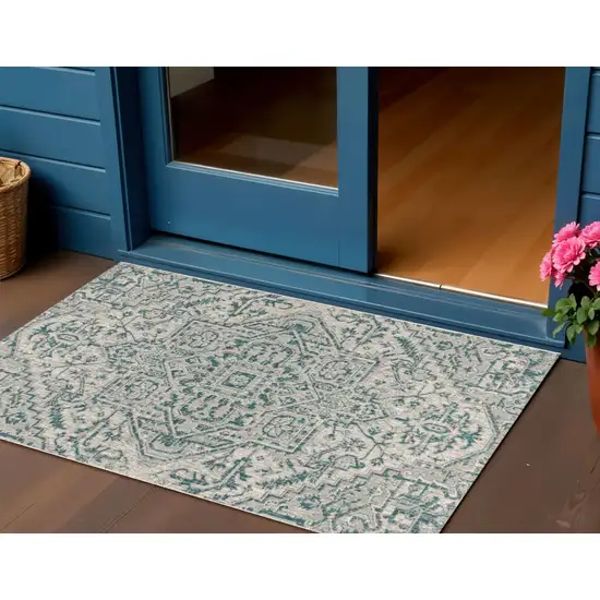 Teal Blue And Gray Medallion Indoor Outdoor Area Rug Photo 1