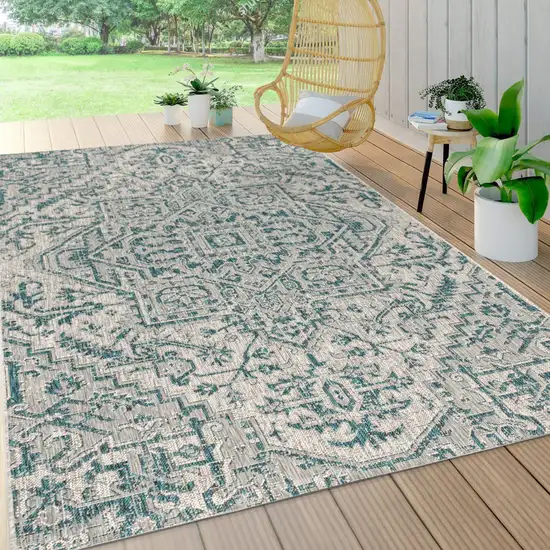 Teal Blue And Gray Medallion Indoor Outdoor Area Rug Photo 8