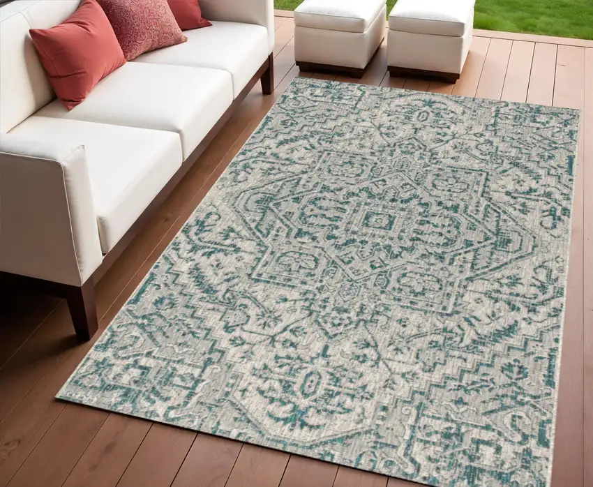 Teal Blue And Gray Medallion Indoor Outdoor Area Rug Photo 1
