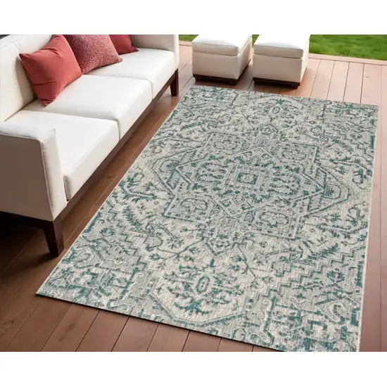 Teal Blue And Gray Medallion Indoor Outdoor Area Rug Photo 1