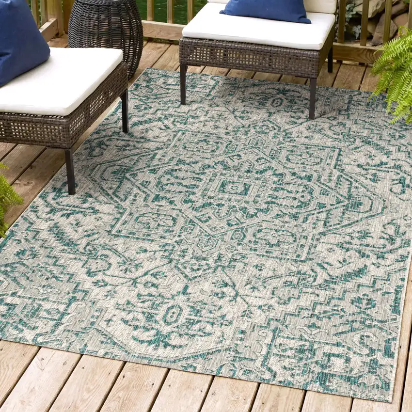 Teal Blue And Gray Medallion Indoor Outdoor Area Rug Photo 9