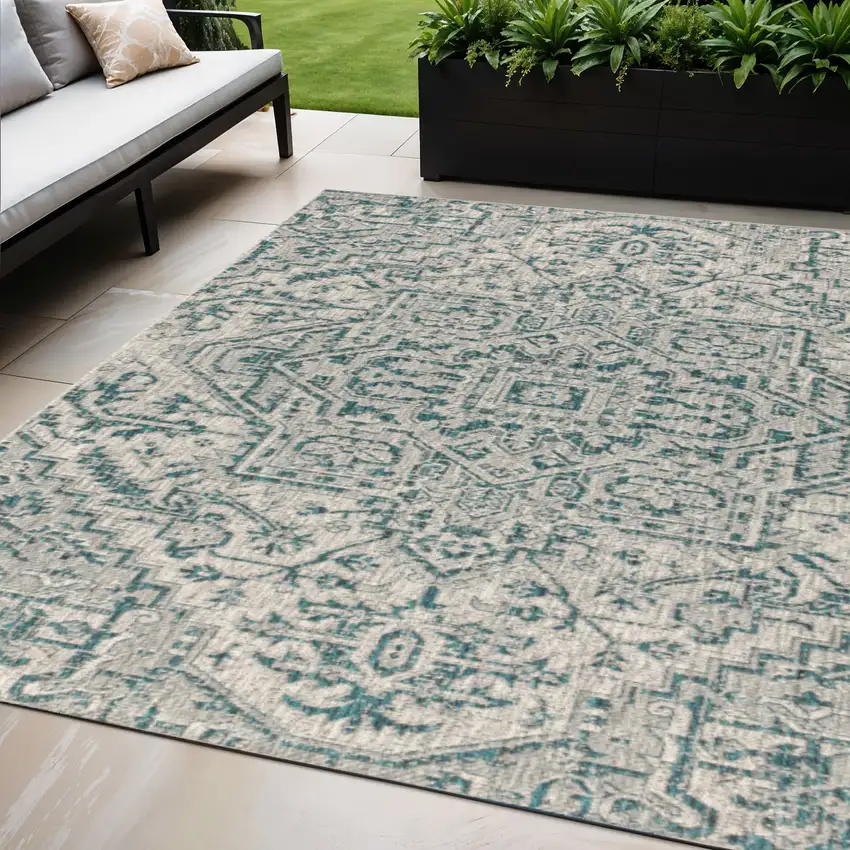 Teal Blue And Gray Medallion Indoor Outdoor Area Rug Photo 1