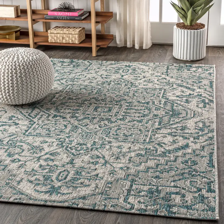 Teal Blue And Gray Medallion Indoor Outdoor Area Rug Photo 6