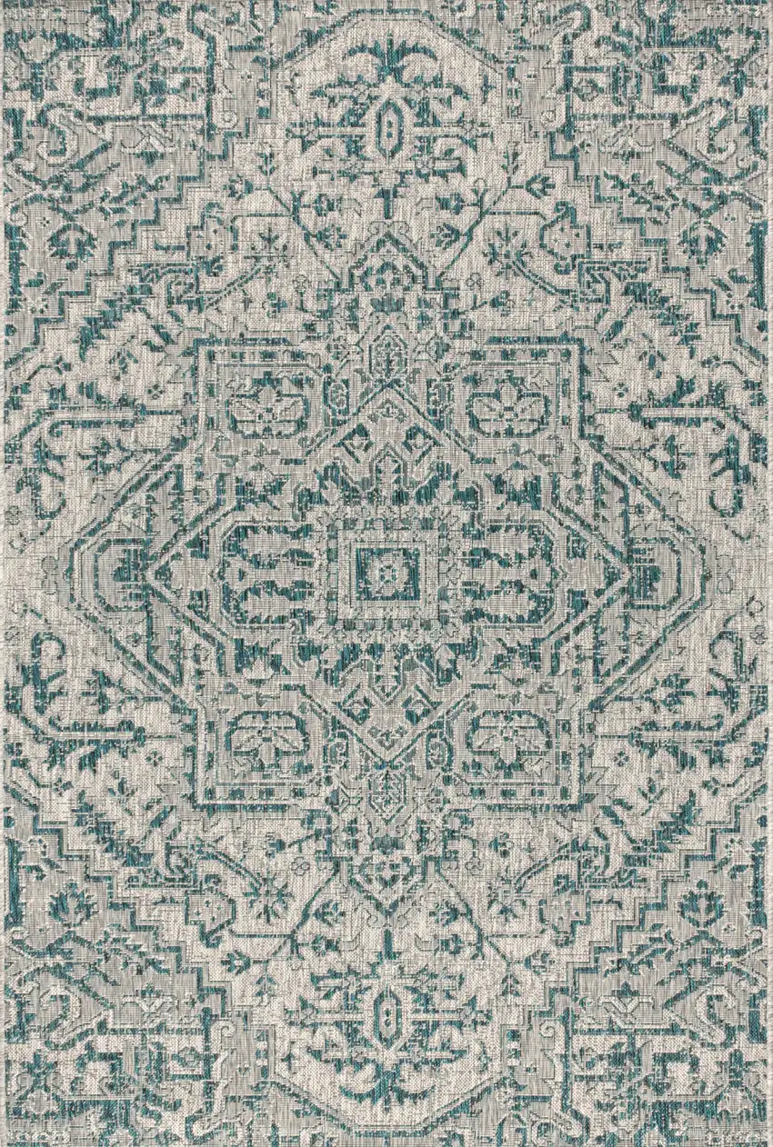 Teal Blue And Gray Medallion Indoor Outdoor Area Rug Photo 1
