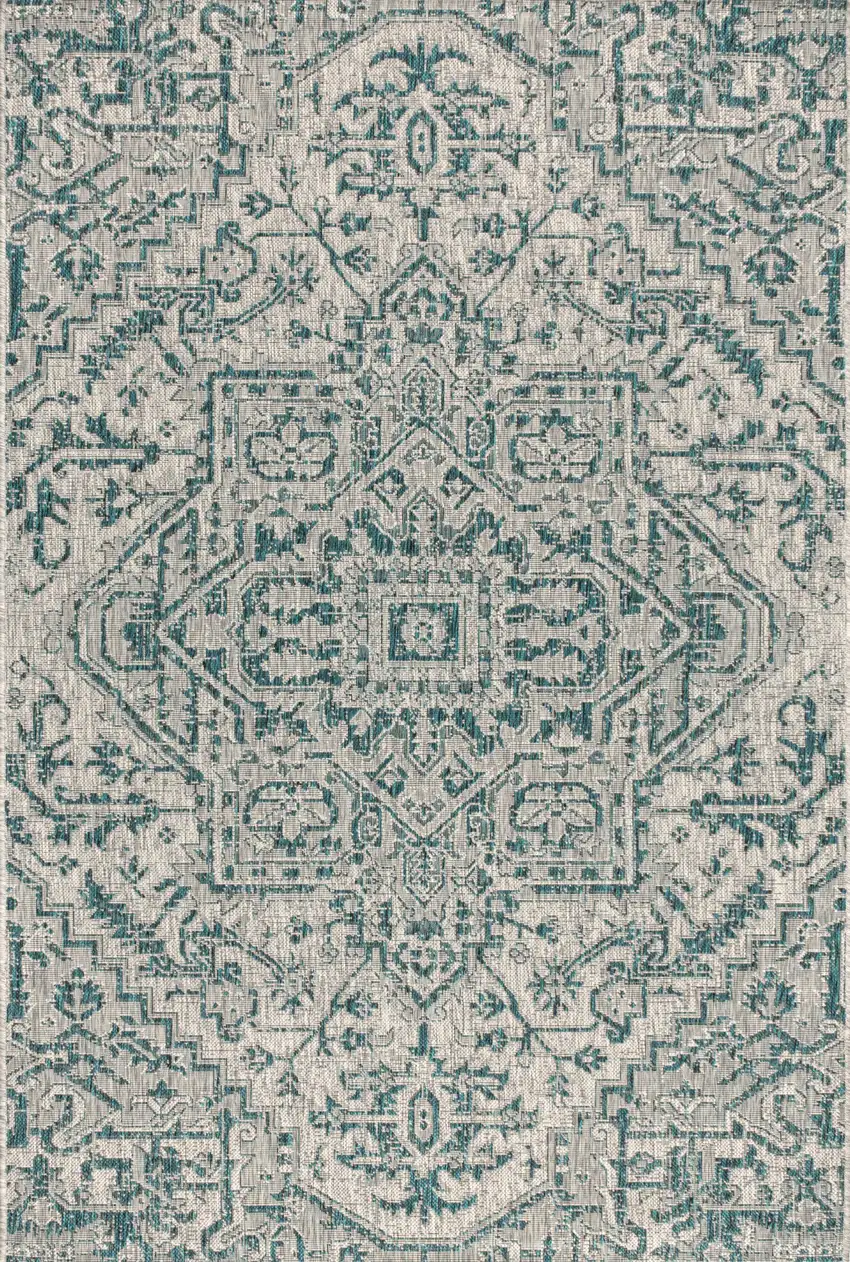 Teal Blue And Gray Medallion Indoor Outdoor Area Rug Photo 3