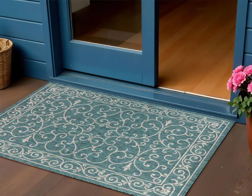 Teal Blue And Gray Medallion Indoor Outdoor Area Rug Photo 1