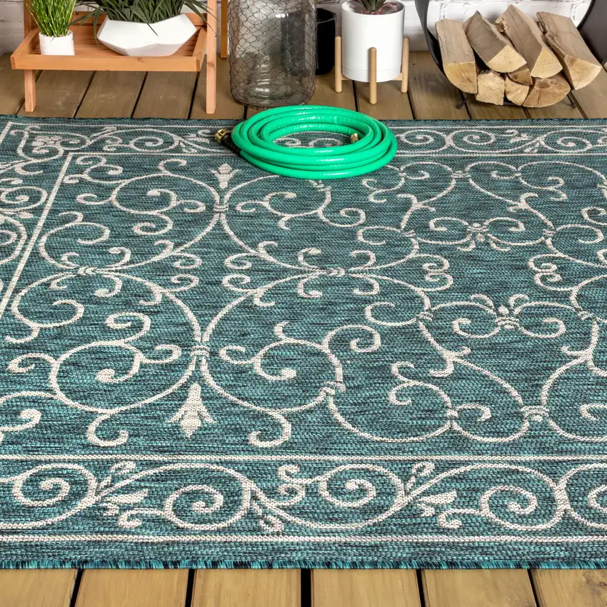 Teal Blue And Gray Medallion Indoor Outdoor Area Rug Photo 7