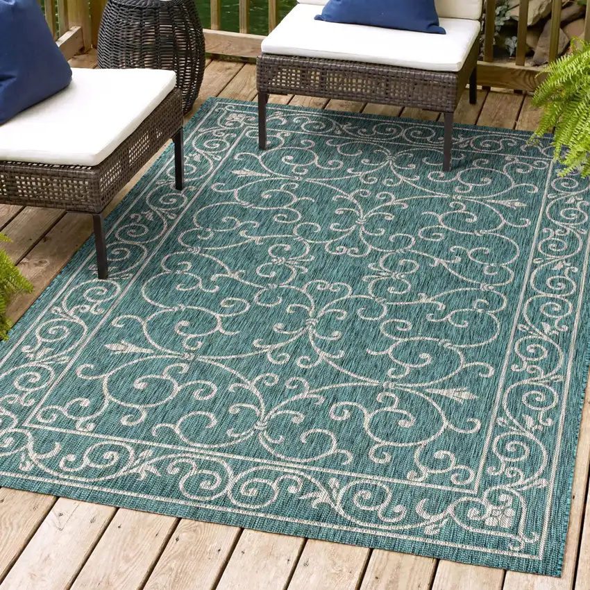 Teal Blue And Gray Medallion Indoor Outdoor Area Rug Photo 9