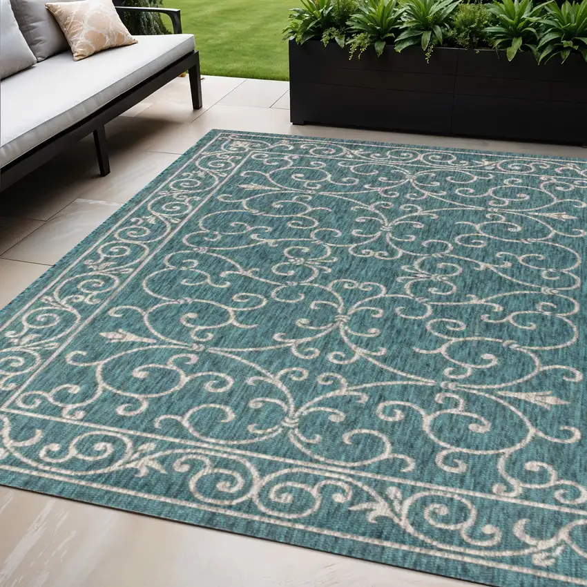 Teal Blue And Gray Medallion Indoor Outdoor Area Rug Photo 1