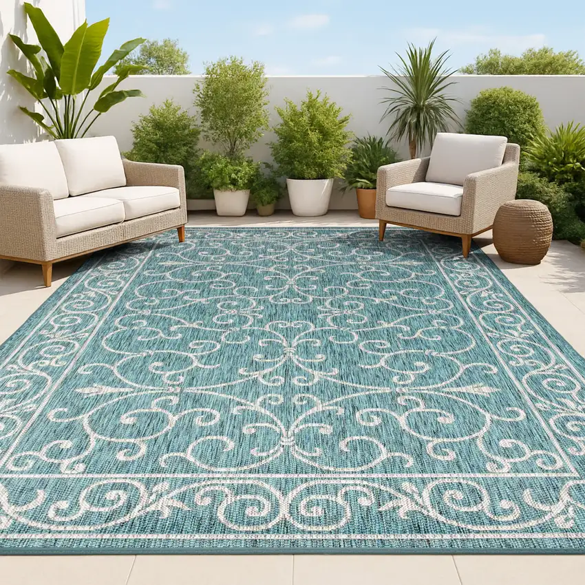 Teal Blue And Gray Medallion Indoor Outdoor Area Rug Photo 4