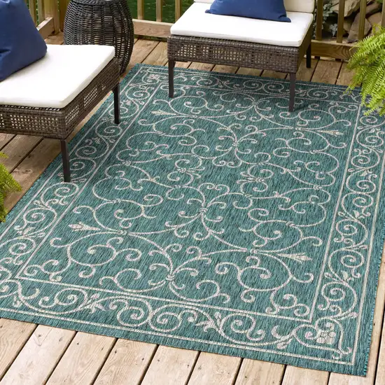 Teal Blue And Gray Medallion Indoor Outdoor Area Rug Photo 9