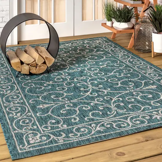 Teal Blue And Gray Medallion Indoor Outdoor Area Rug Photo 5