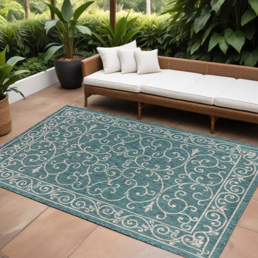 Teal Blue And Gray Medallion Indoor Outdoor Area Rug Photo 1
