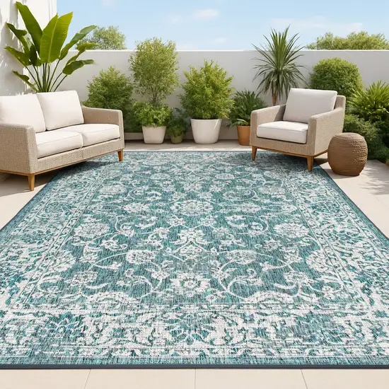 Teal Blue And Gray Medallion Indoor Outdoor Area Rug Photo 4