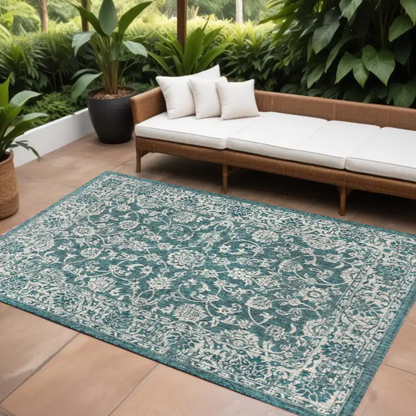 Teal Blue And Gray Medallion Indoor Outdoor Area Rug Photo 1
