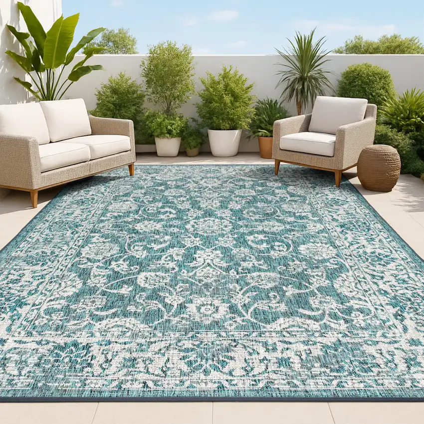 Teal Blue And Gray Medallion Indoor Outdoor Area Rug Photo 4