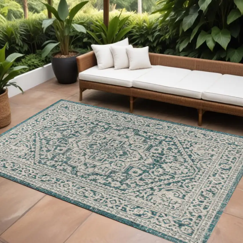 Teal Blue And Gray Medallion Indoor Outdoor Area Rug Photo 1